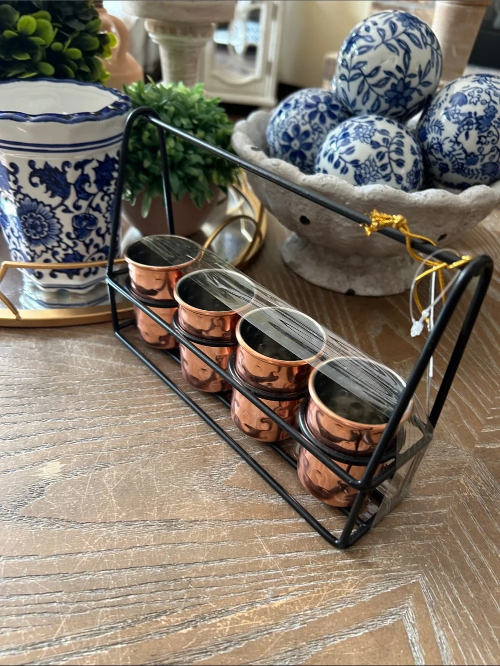 NWT! 5 Piece Bar Set Copper Shot Glass Set with Black Metal Rack